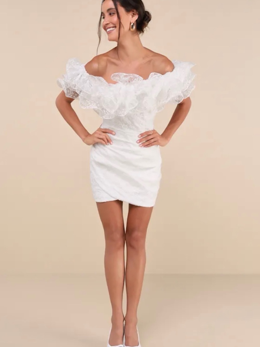 Lulu's Angelic Trend White Off-Shoulder Ruffle Lace Mini Dress